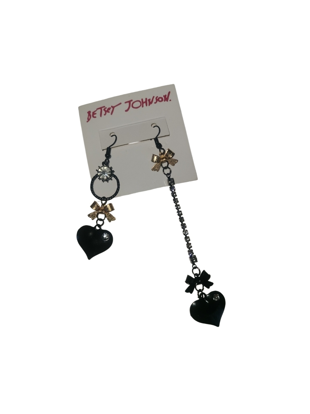 Black Heart & Gold Bow Asymmetrical Crystal Drop Earrings